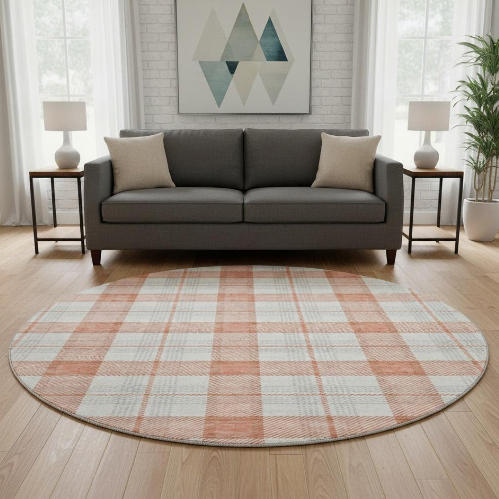 HomeRoots 8' Coral Ivory Gray Plaid Washable Round Rug - Durable, Stain Resistant with UV Protection & Soft Feel 682472