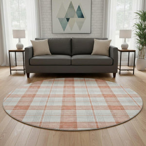 HomeRoots 8' Coral Ivory Gray Plaid Washable Round Rug - Durable, Stain Resistant with UV Protection & Soft Feel 682472