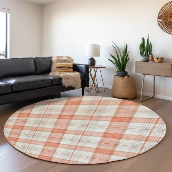 HomeRoots 8' Coral Ivory Gray Plaid Washable Round Rug - Durable, Stain Resistant with UV Protection & Soft Feel 682472