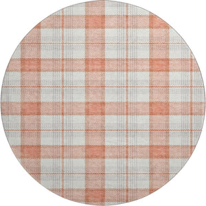 HomeRoots 8' Coral Ivory Gray Plaid Washable Round Rug - Durable, Stain Resistant with UV Protection & Soft Feel 682472