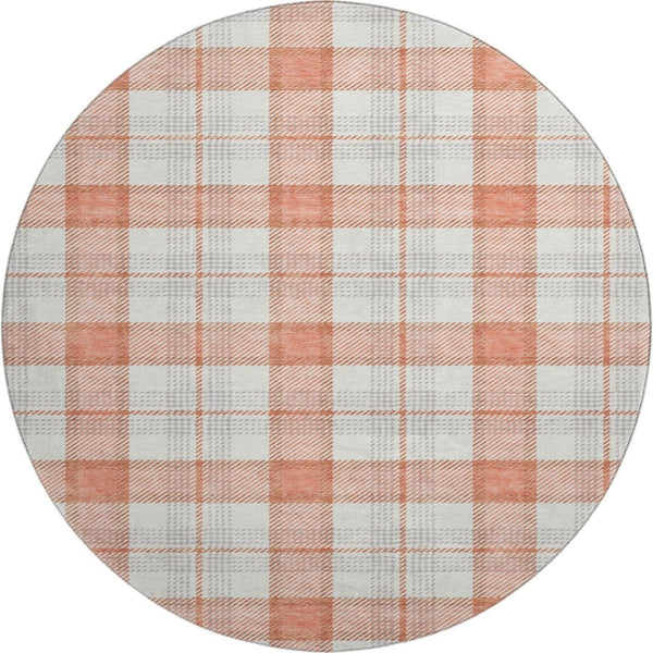HomeRoots 8' Coral Ivory Gray Plaid Washable Round Rug - Durable, Stain Resistant with UV Protection & Soft Feel 682472
