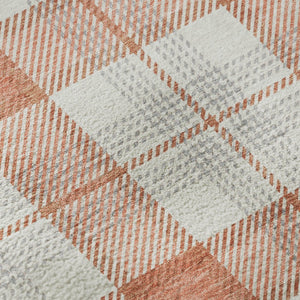 HomeRoots 8' Coral Ivory Gray Plaid Washable Round Rug - Durable, Stain Resistant with UV Protection & Soft Feel 682472
