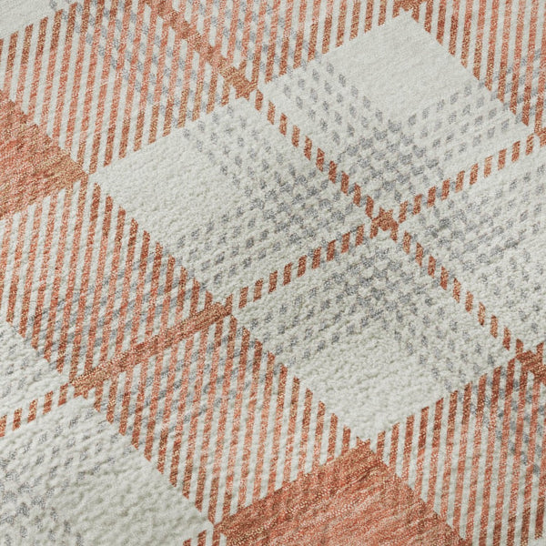 HomeRoots 8' Coral Ivory Gray Plaid Washable Round Rug - Durable, Stain Resistant with UV Protection & Soft Feel 682472
