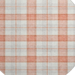 HomeRoots 8' Coral Ivory Gray Plaid Washable Round Rug - Durable, Stain Resistant with UV Protection & Soft Feel 682472