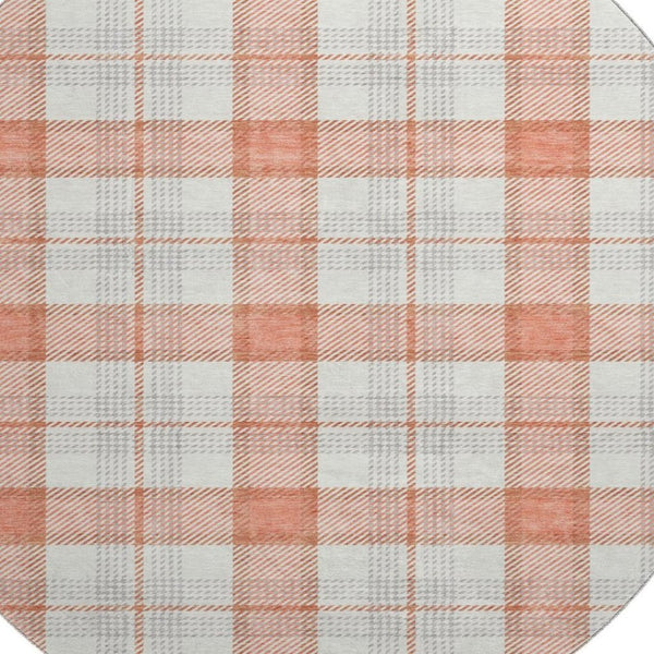 HomeRoots 8' Coral Ivory Gray Plaid Washable Round Rug - Durable, Stain Resistant with UV Protection & Soft Feel 682472