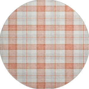 HomeRoots 8' Coral Ivory Gray Plaid Washable Round Rug - Durable, Stain Resistant with UV Protection & Soft Feel 682472