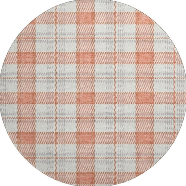 HomeRoots 8' Coral Ivory Gray Plaid Washable Round Rug - Durable, Stain Resistant with UV Protection & Soft Feel 682472