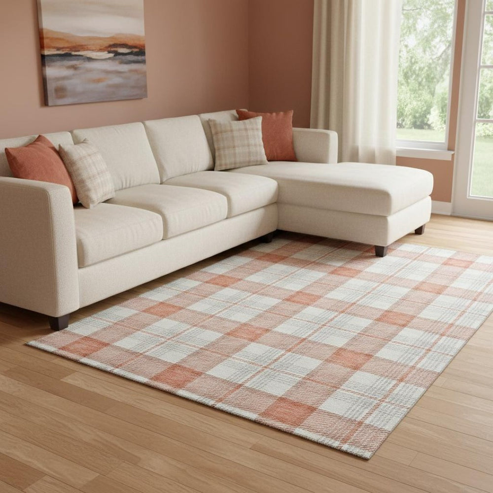 HomeRoots 8' X 10' Coral Ivory Gray Plaid Washable Area Rug - UV Protected, Stain-Resistant, Soft Touch Design 682473