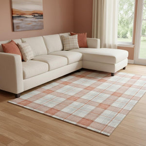 HomeRoots 8' X 10' Coral Ivory Gray Plaid Washable Area Rug - UV Protected, Stain-Resistant, Soft Touch Design 682473