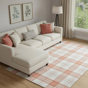 HomeRoots 9' X 12' Coral Ivory & Gray Plaid Washable Area Rug - Durable UV Protection, Stylish & Easy Care 682474