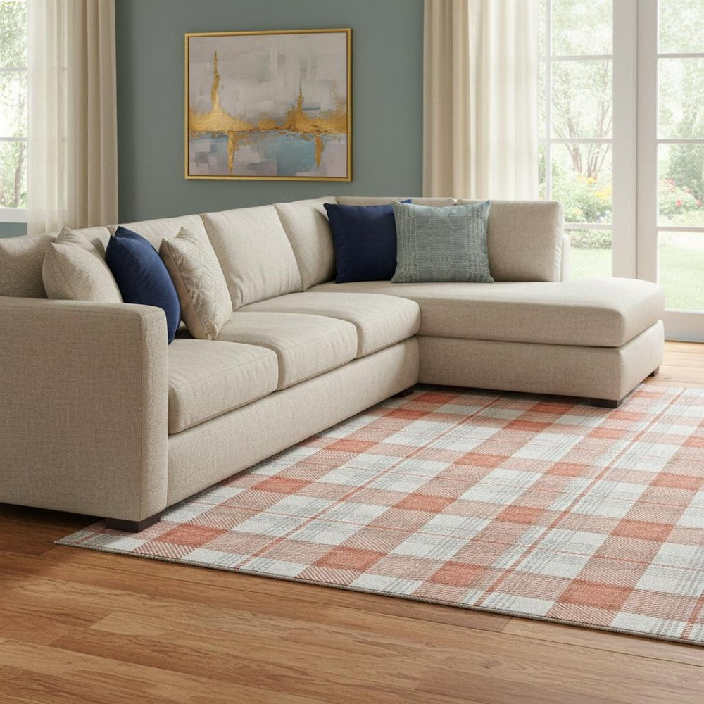 HomeRoots 10' X 14' Coral Ivory Gray Plaid Washable Area Rug – Durable, UV Protected, Perfect for Families 682475