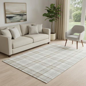 HomeRoots 5' X 8' Linen Beige Gray Plaid Area Rug – Washable, UV Protected, Durable & Stylish for Any Space 682477