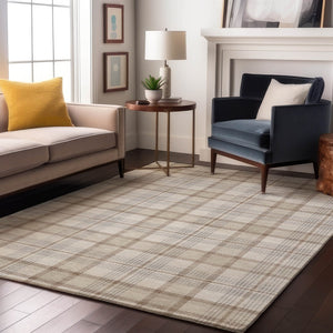 HomeRoots 5' X 8' Linen Beige Gray Plaid Area Rug – Washable, UV Protected, Durable & Stylish for Any Space 682477