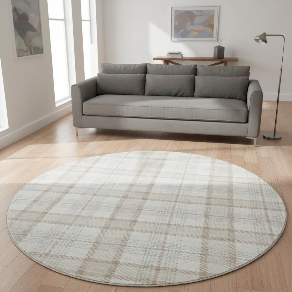 HomeRoots 8' Washable Round Rug in Linen Beige & Gray Plaid – Durable, Stain-Resistant with UV Protection! 682478