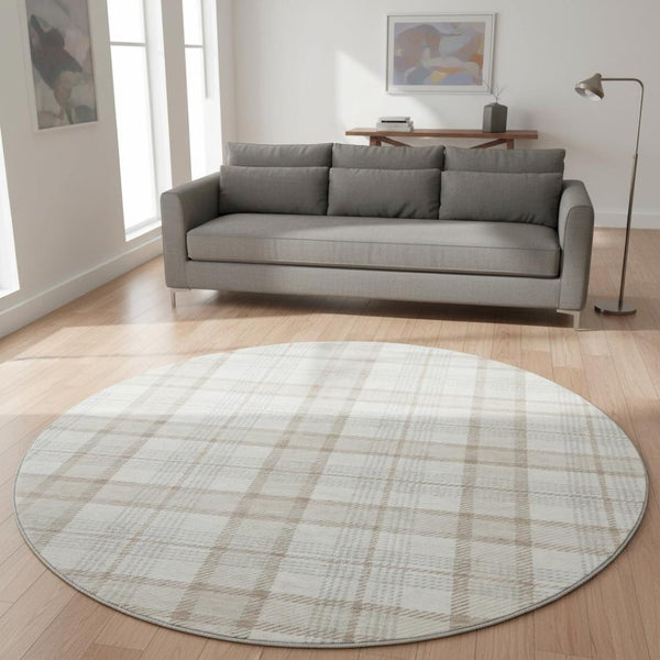 HomeRoots 8' Washable Round Rug in Linen Beige & Gray Plaid – Durable, Stain-Resistant with UV Protection! 682478