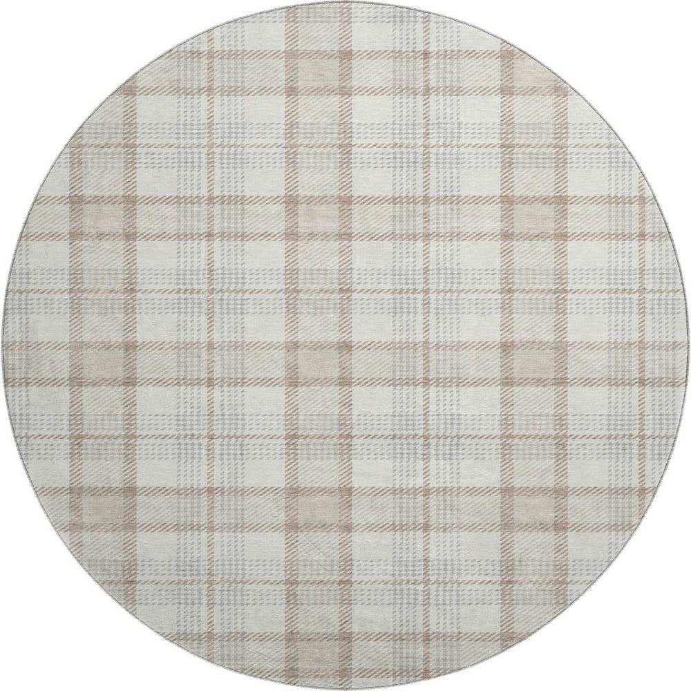 HomeRoots 8' Washable Round Rug in Linen Beige & Gray Plaid – Durable, Stain-Resistant with UV Protection! 682478