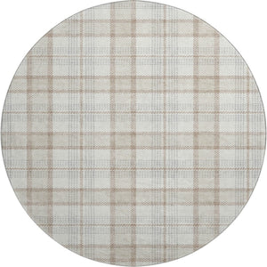 HomeRoots 8' Washable Round Rug in Linen Beige & Gray Plaid – Durable, Stain-Resistant with UV Protection! 682478