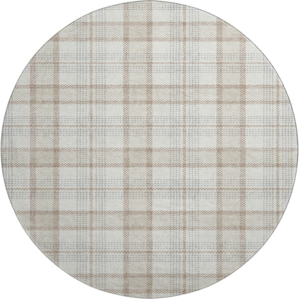 HomeRoots 8' Washable Round Rug in Linen Beige & Gray Plaid – Durable, Stain-Resistant with UV Protection! 682478