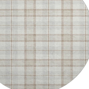 HomeRoots 8' Washable Round Rug in Linen Beige & Gray Plaid – Durable, Stain-Resistant with UV Protection! 682478