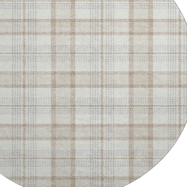 HomeRoots 8' Washable Round Rug in Linen Beige & Gray Plaid – Durable, Stain-Resistant with UV Protection! 682478