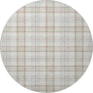 HomeRoots 8' Washable Round Rug in Linen Beige & Gray Plaid – Durable, Stain-Resistant with UV Protection! 682478