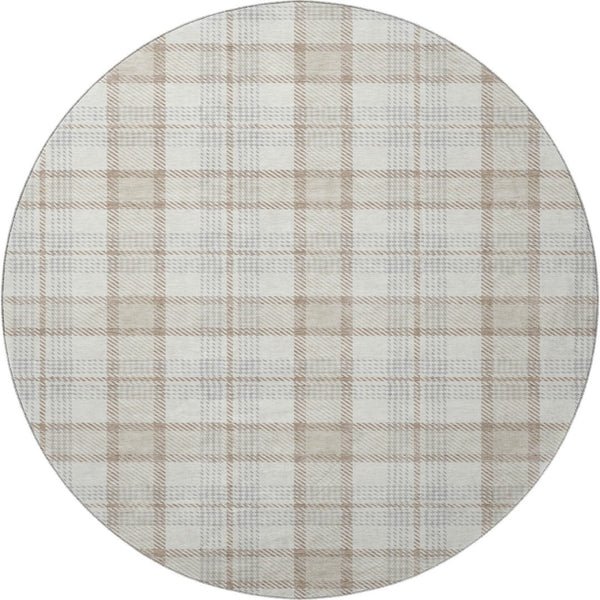 HomeRoots 8' Washable Round Rug in Linen Beige & Gray Plaid – Durable, Stain-Resistant with UV Protection! 682478
