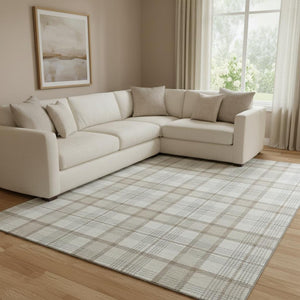 HomeRoots 8' X 10' Linen Beige and Gray Plaid Washable Area Rug - Stain Resistant, UV Protected, Durable Design 682479