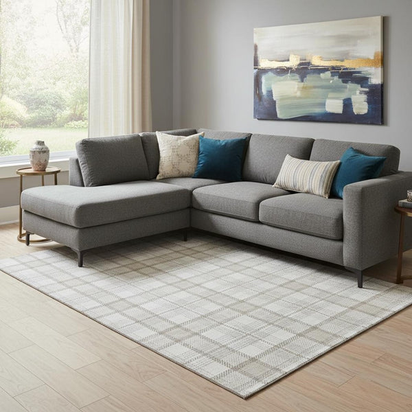 HomeRoots 10' X 14' Washable Area Rug in Linen Beige & Gray Plaid - Durable, UV-Protected for High-Traffic Spaces 682481