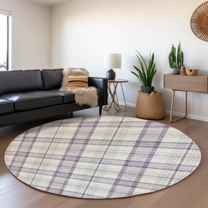 HomeRoots 8' Lavender Plaid Round Rug – Washable, UV-Protected, Durable, Stain-Resistant for Active Homes 682484