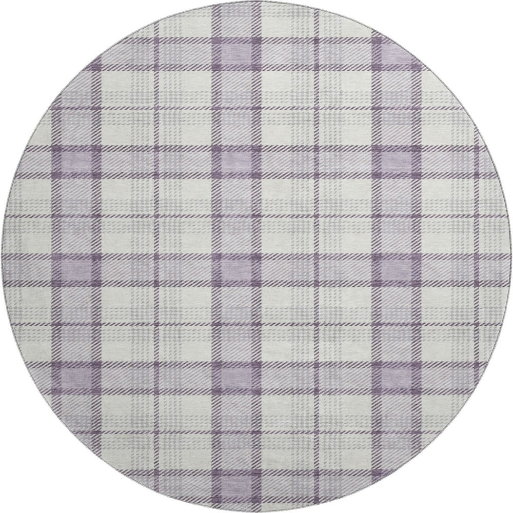 HomeRoots 8' Lavender Plaid Round Rug – Washable, UV-Protected, Durable, Stain-Resistant for Active Homes 682484