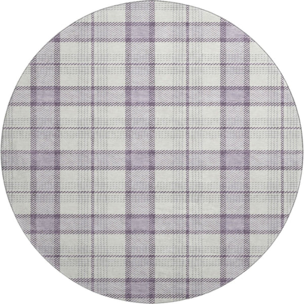 HomeRoots 8' Lavender Plaid Round Rug – Washable, UV-Protected, Durable, Stain-Resistant for Active Homes 682484