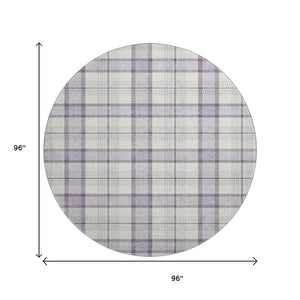 HomeRoots 8' Lavender Plaid Round Rug – Washable, UV-Protected, Durable, Stain-Resistant for Active Homes 682484