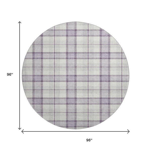 HomeRoots 8' Lavender Plaid Round Rug – Washable, UV-Protected, Durable, Stain-Resistant for Active Homes 682484