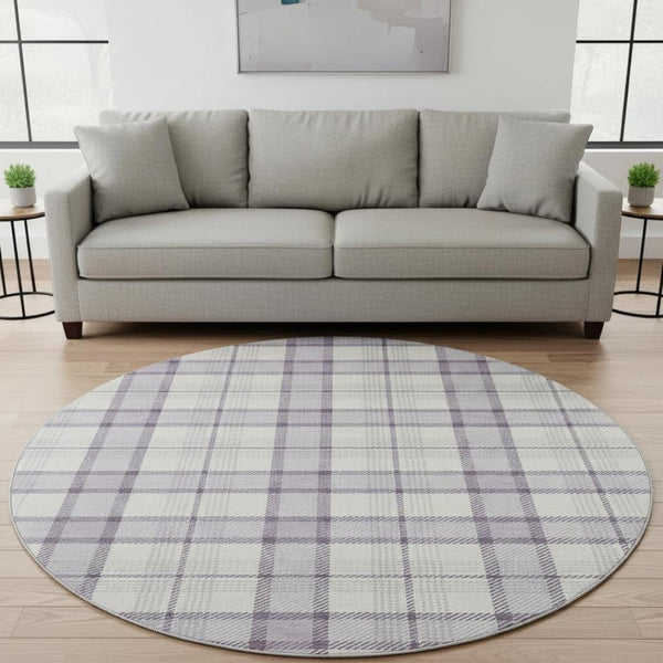 HomeRoots 8' Lavender Plaid Round Rug – Washable, UV-Protected, Durable, Stain-Resistant for Active Homes 682484