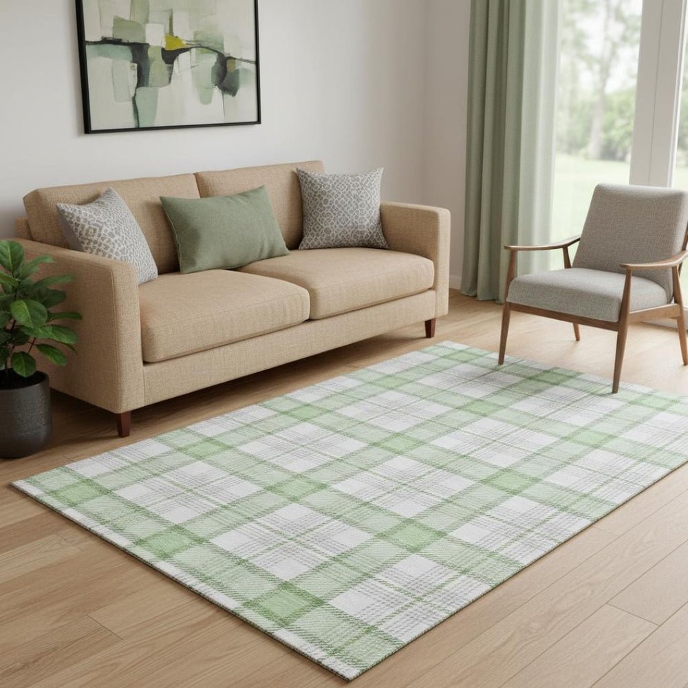 HomeRoots 5' X 8' Stylish Mint Green, Ivory & Gray Plaid Washable Area Rug with UV Protection for Homes 682489
