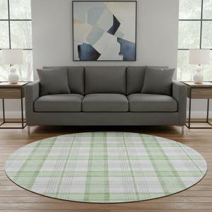HomeRoots 8' Mint Green, Ivory & Gray Plaid Washable Round Rug - Durable, UV-Protected, Easy Care for Any Space 682490