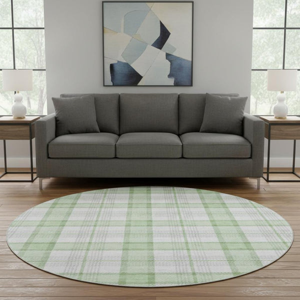 HomeRoots 8' Mint Green, Ivory & Gray Plaid Washable Round Rug - Durable, UV-Protected, Easy Care for Any Space 682490