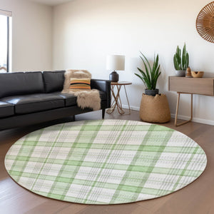 HomeRoots 8' Mint Green, Ivory & Gray Plaid Washable Round Rug - Durable, UV-Protected, Easy Care for Any Space 682490