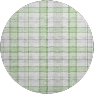 HomeRoots 8' Mint Green, Ivory & Gray Plaid Washable Round Rug - Durable, UV-Protected, Easy Care for Any Space 682490