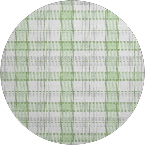 HomeRoots 8' Mint Green, Ivory & Gray Plaid Washable Round Rug - Durable, UV-Protected, Easy Care for Any Space 682490