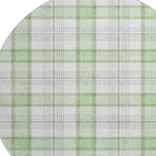HomeRoots 8' Mint Green, Ivory & Gray Plaid Washable Round Rug - Durable, UV-Protected, Easy Care for Any Space 682490