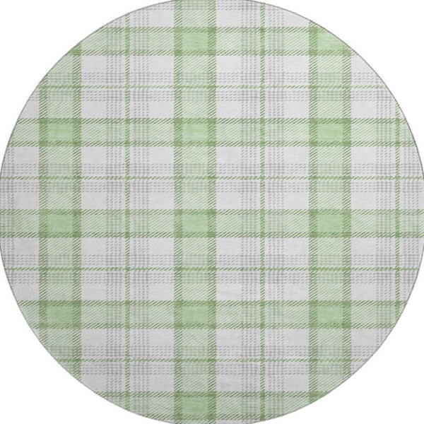 HomeRoots 8' Mint Green, Ivory & Gray Plaid Washable Round Rug - Durable, UV-Protected, Easy Care for Any Space 682490