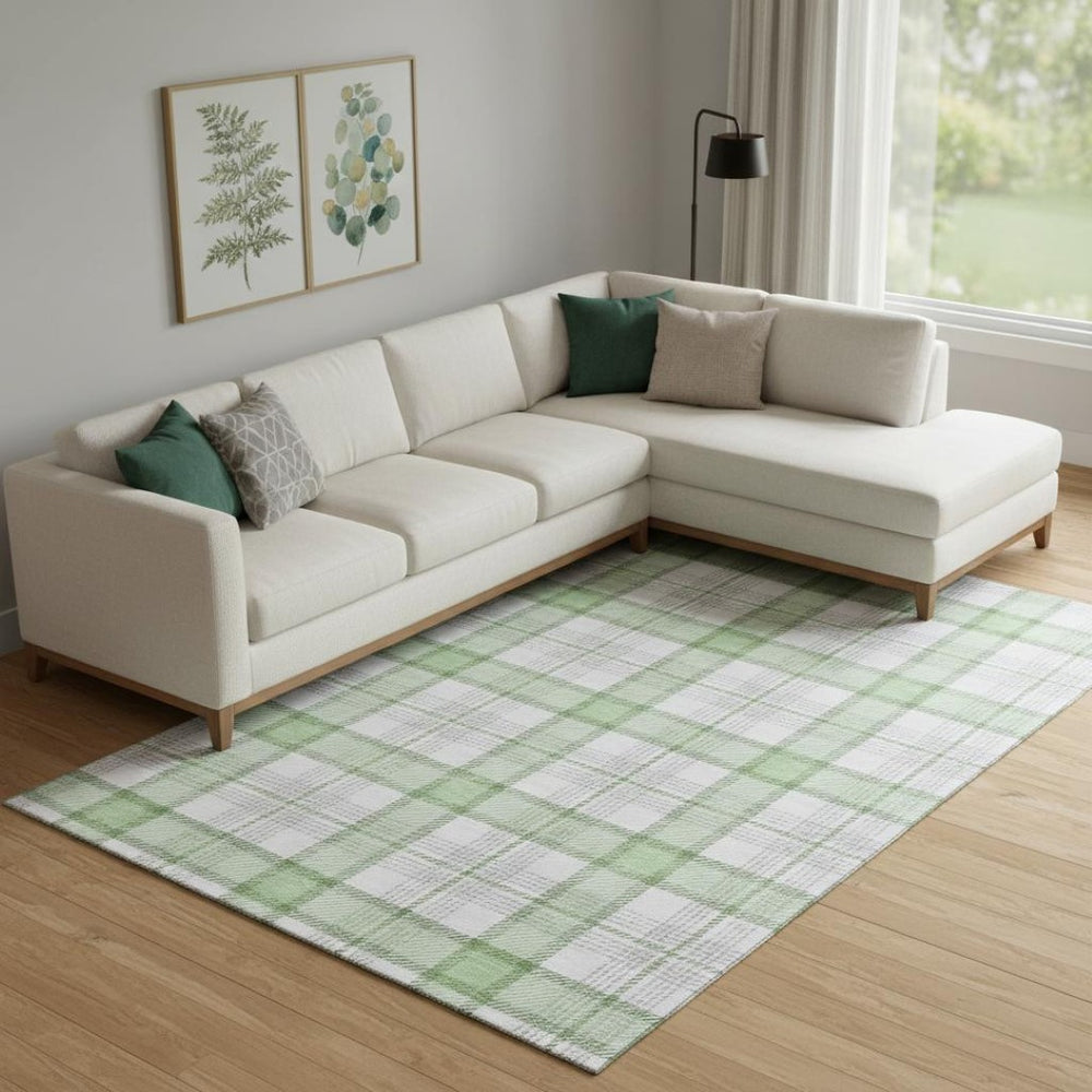 HomeRoots 9' X 12' Stylish Mint Green Plaid Washable Area Rug - Durable, UV Protected, Perfect for Family Spaces! 682492