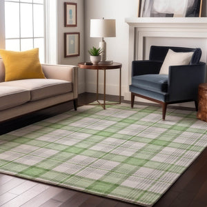 HomeRoots 9' X 12' Stylish Mint Green Plaid Washable Area Rug - Durable, UV Protected, Perfect for Family Spaces! 682492