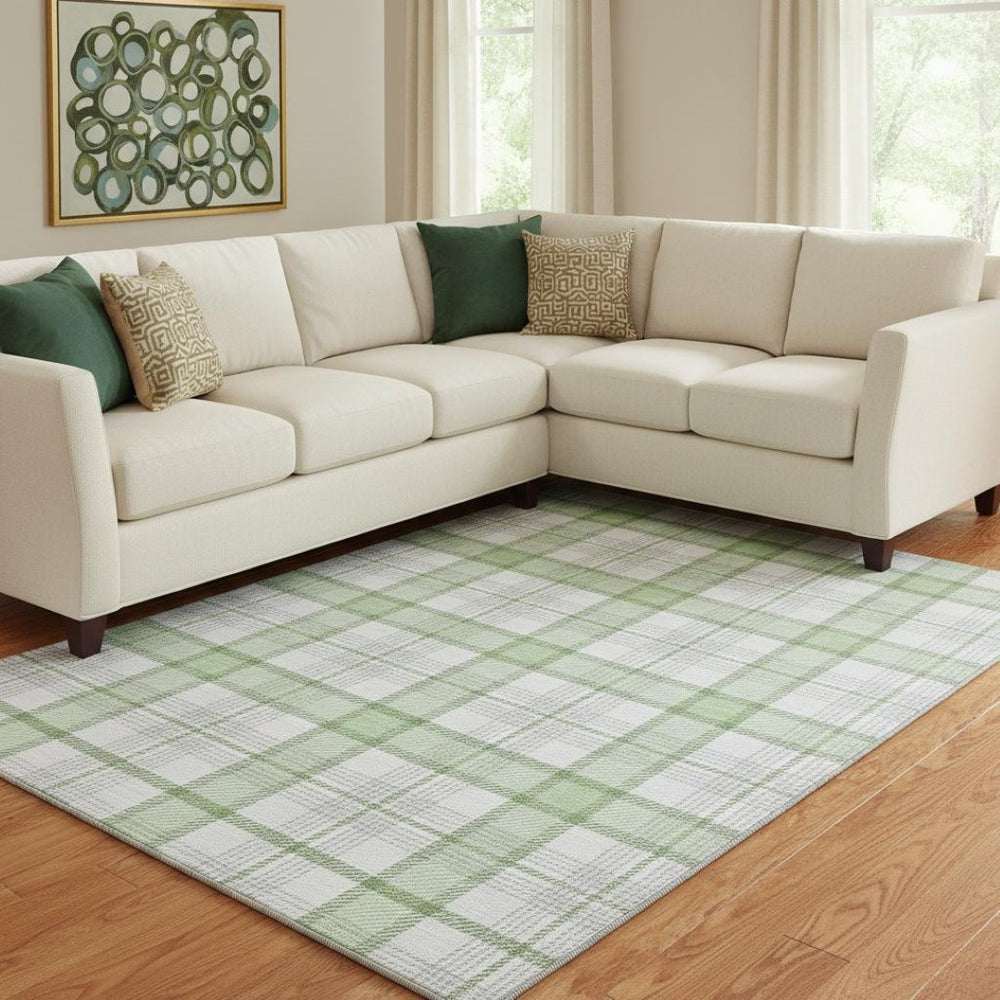 HomeRoots 10' Mint Green, Ivory & Gray Plaid Area Rug - Washable, UV Protected, Durable for Everyday Living Spaces 682493