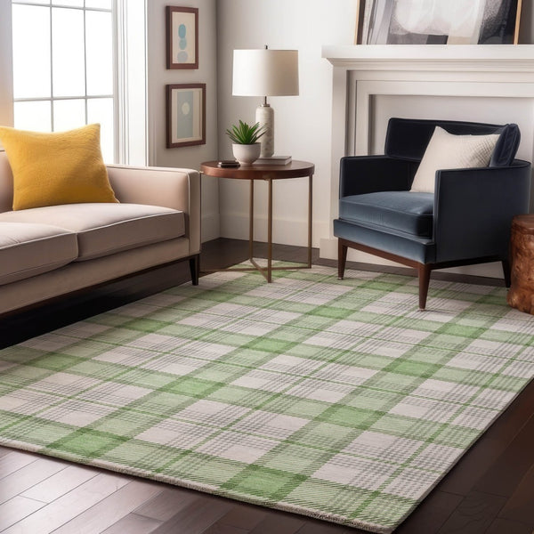 HomeRoots 10' Mint Green, Ivory & Gray Plaid Area Rug - Washable, UV Protected, Durable for Everyday Living Spaces 682493
