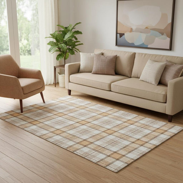 HomeRoots 5' X 8' Washable Plaid Area Rug in Peach, Ivory & Brown - Durable, Stain-Resistant, UV Protected Rug 682495