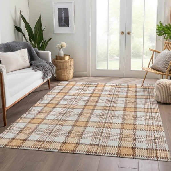 HomeRoots 5' X 8' Washable Plaid Area Rug in Peach, Ivory & Brown - Durable, Stain-Resistant, UV Protected Rug 682495