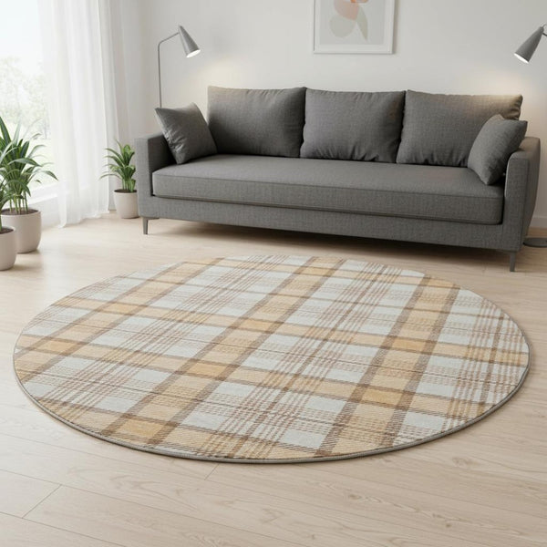 HomeRoots 8' Stylish Peach Ivory Brown Plaid Washable Round Rug with UV Protection for Indoor & Outdoor Use 682496