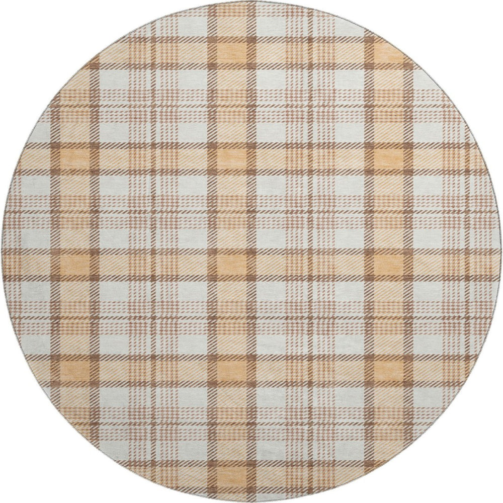 HomeRoots 8' Stylish Peach Ivory Brown Plaid Washable Round Rug with UV Protection for Indoor & Outdoor Use 682496